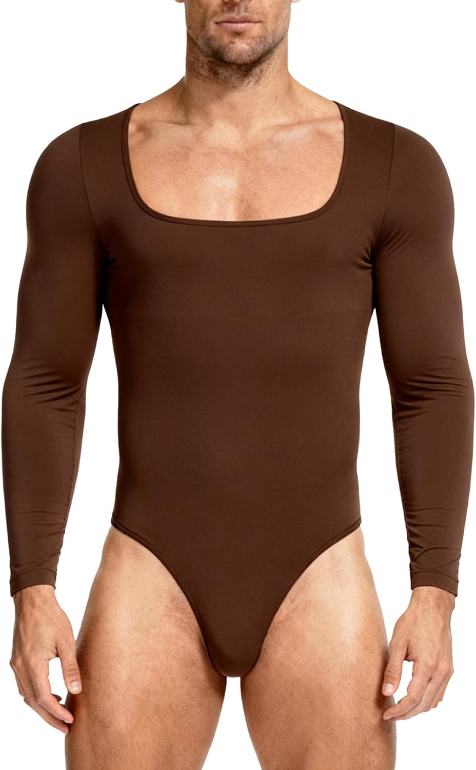 FEESHOW Men's Basic Ribbed Leotard Square Neck Long Sleeve Stretchy Openable Crotch Bodysuit for Workout