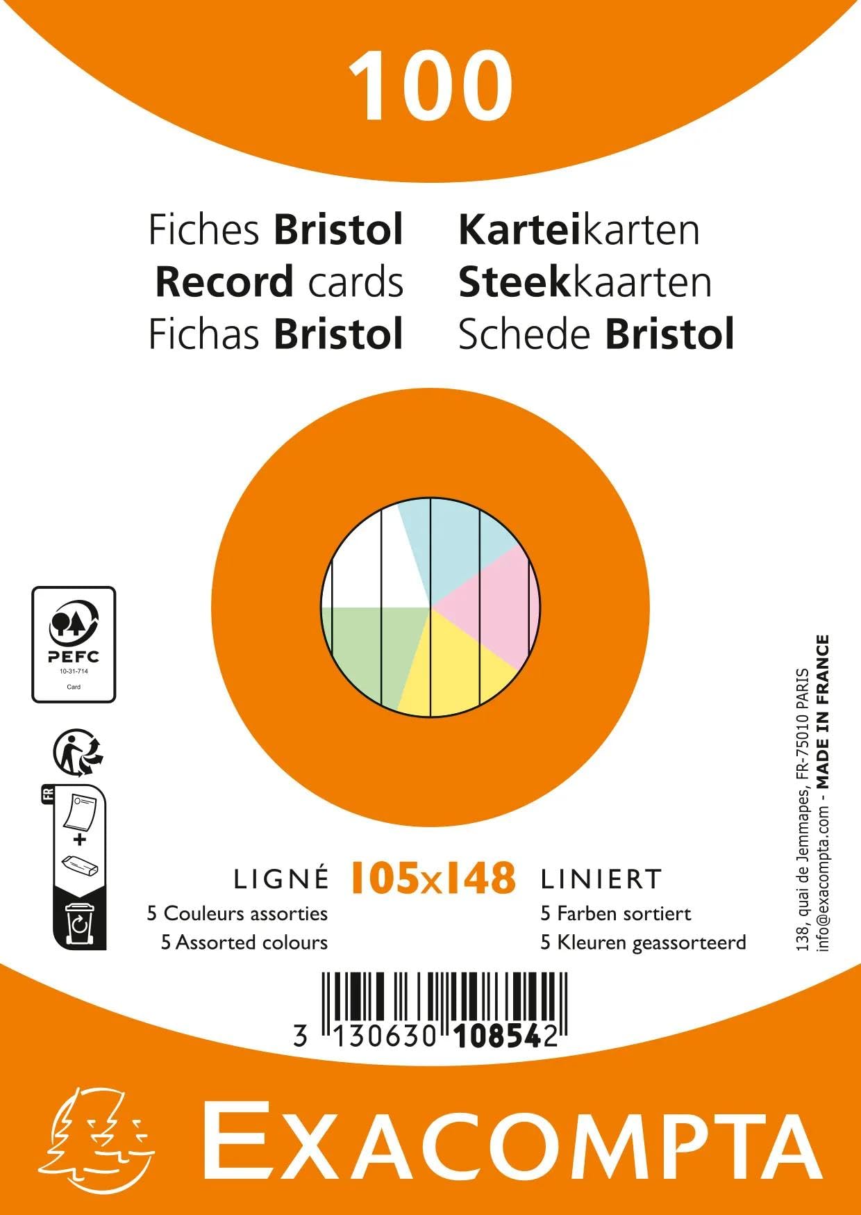 Exacompta - Ref. 10854E - Pack of 100 unpunched Ruled Index Cards - Film Sealed - Suitable for Inkjet, Laser and photocopiers - Format 105 x 148 mm - Assorted Colours