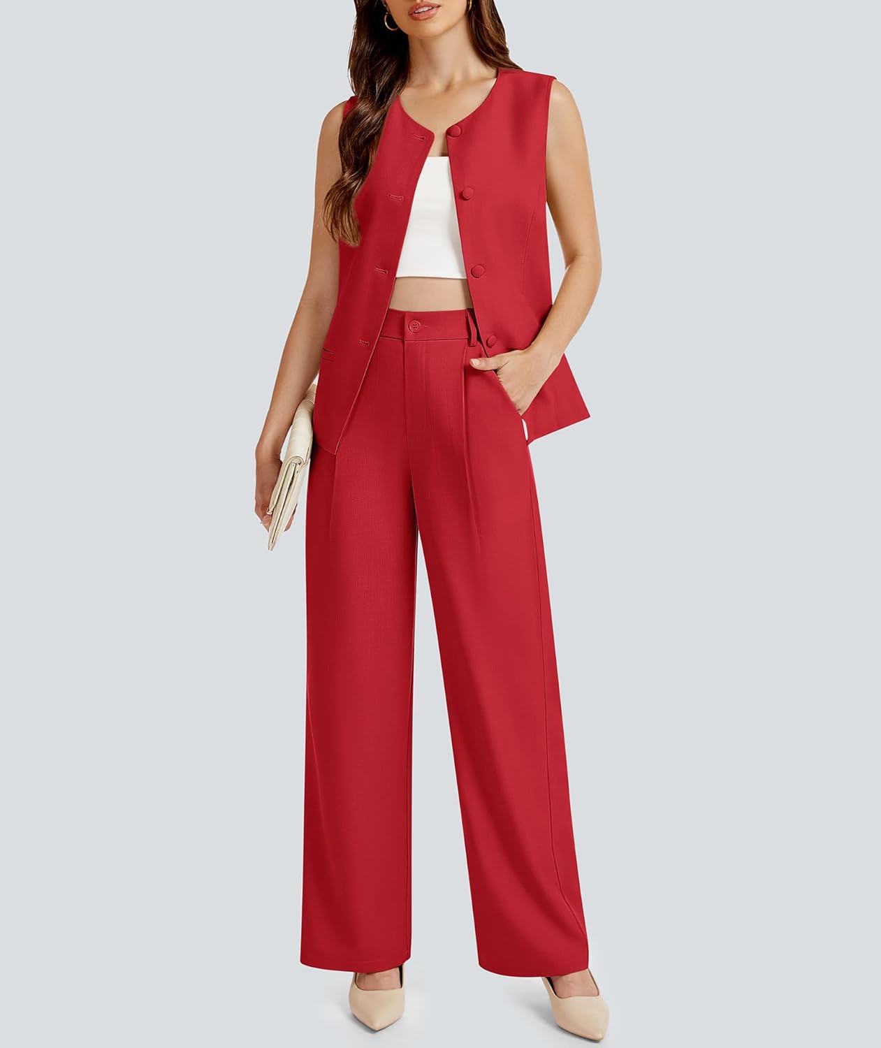 Casly Lamiit Women's 2 Piece Outfit Spring 2026 Sleeveless Suit Vest and Wide Leg Pants Business Casual Travel Blazer Sets - Image 2