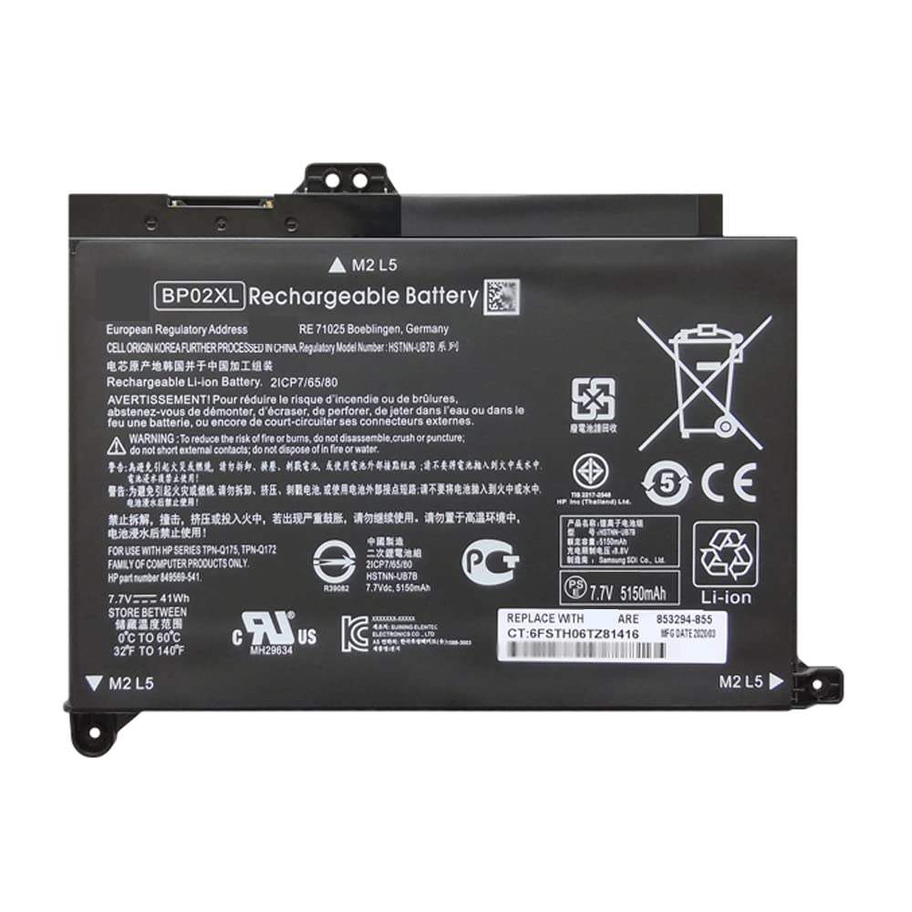 BP02XL 7.7V 41Wh 互換用の 電池 適用されるfor H-P TPN-Q172 Q175 15-AU156TX HST
