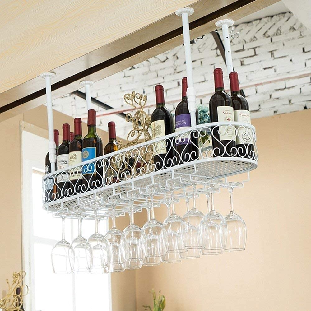 Casier à vin suspendu au plafond et porte-verre à pied noir en métal 80x25cm