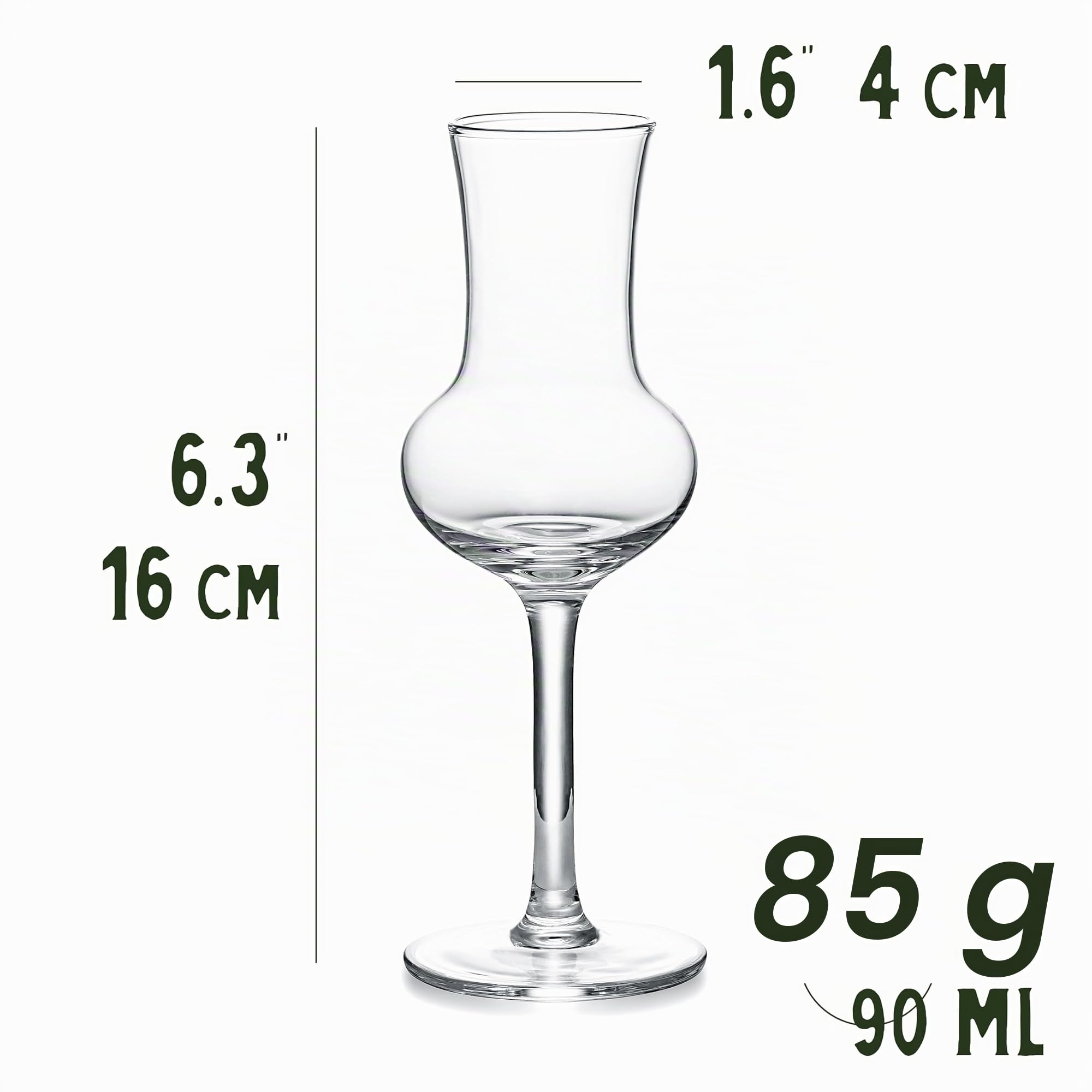 Verres à Grappa et à Liqueur en Cristal | Lot de 6 | 90 ml | Petits Verres à Pied Longs pour Liqueur, Apéritif, Digestif et Cordiaux | Verrerie Italienne en Forme de Tulipe pour la Dégustation