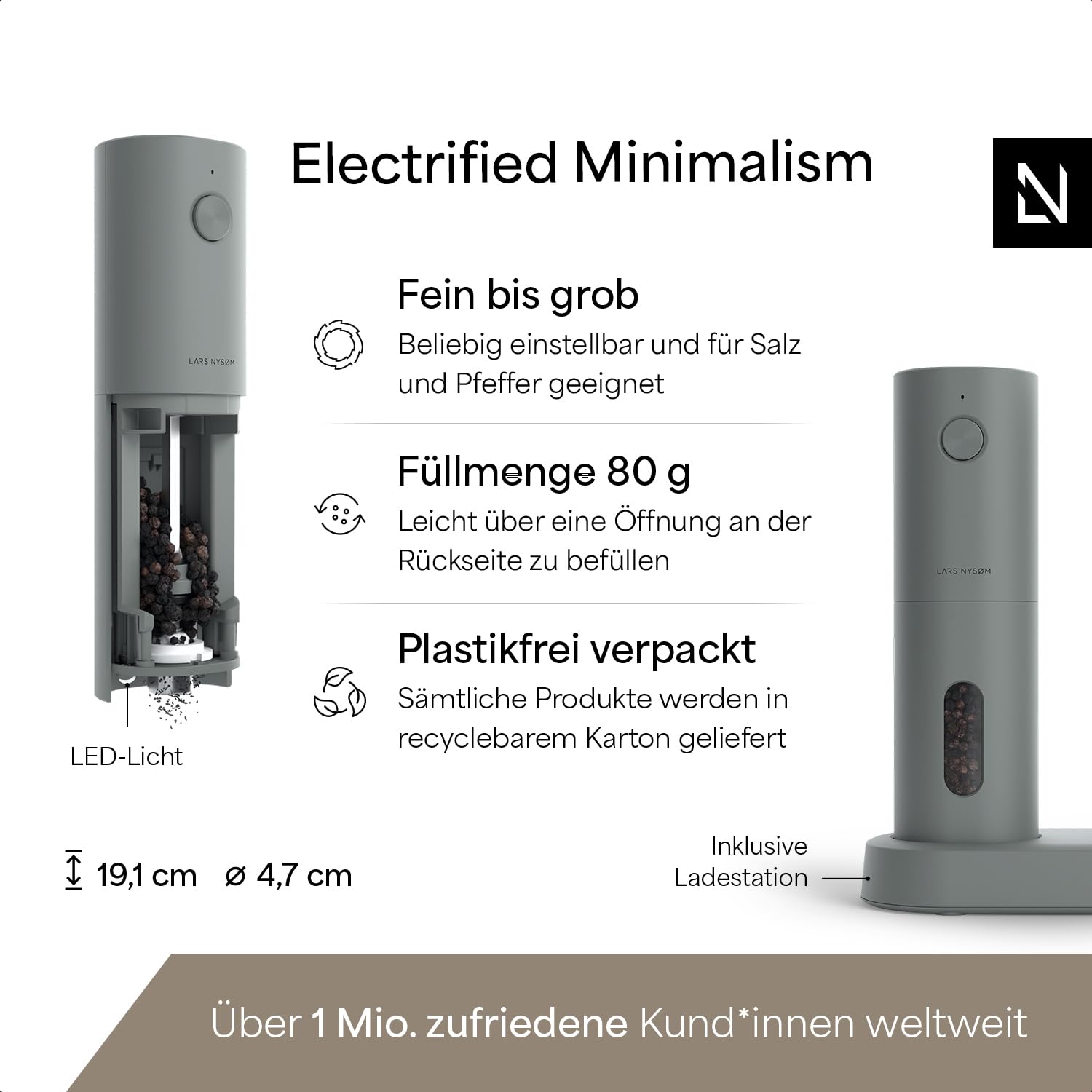 LARS NYSØM Salz und Pfeffermühlen Elektrisch Set I Keramikmahlwerk fein bis grob I USB Wiederaufladbar mit Ladestation I Automatische Salz und Pfefferstreuer I Gewürzmühlen Set (Ash Gray)