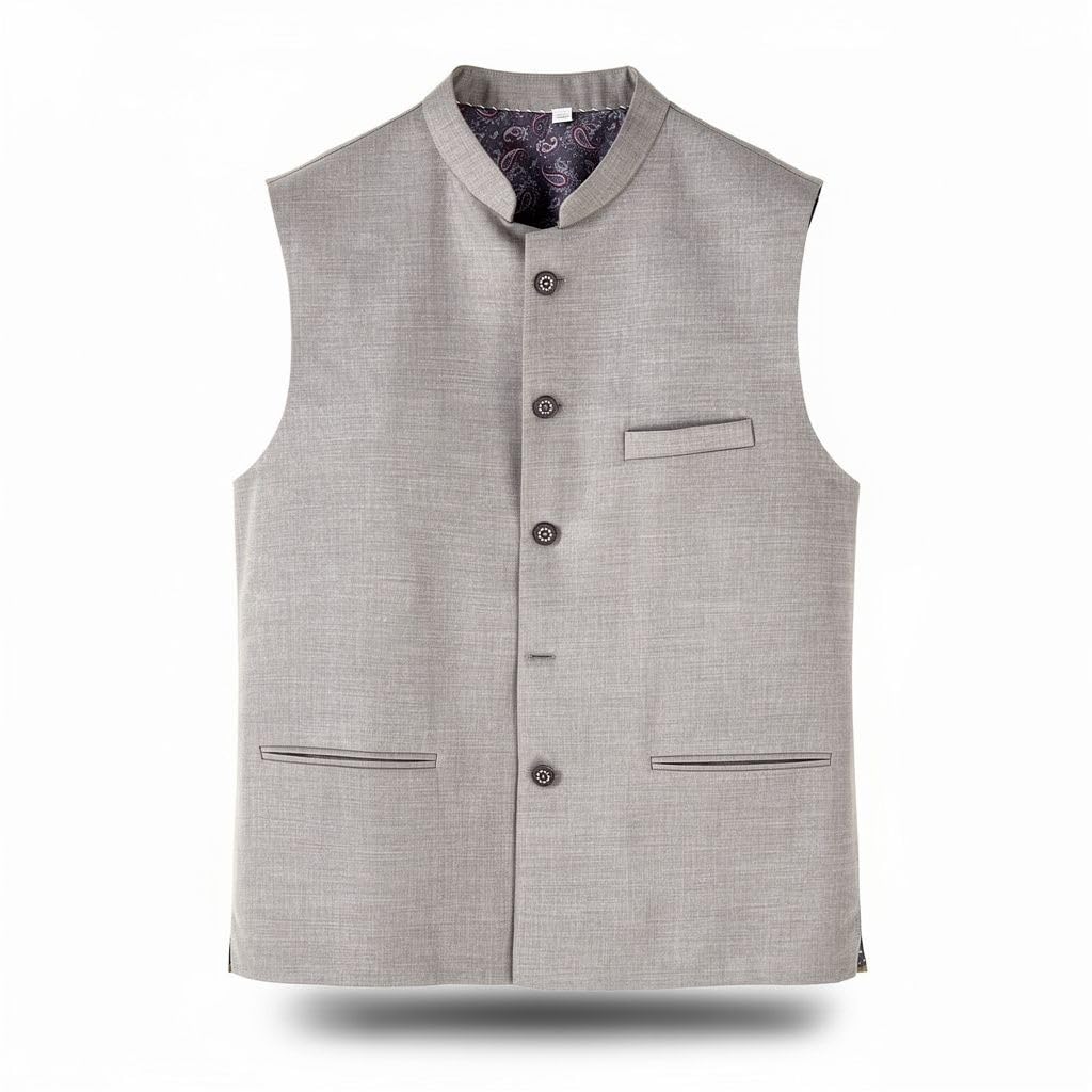 Men's Nehru Jacket, Grey, Sleeveless, Mandarin Collar, Button Front, Formal Ethnic Wear-picture-50