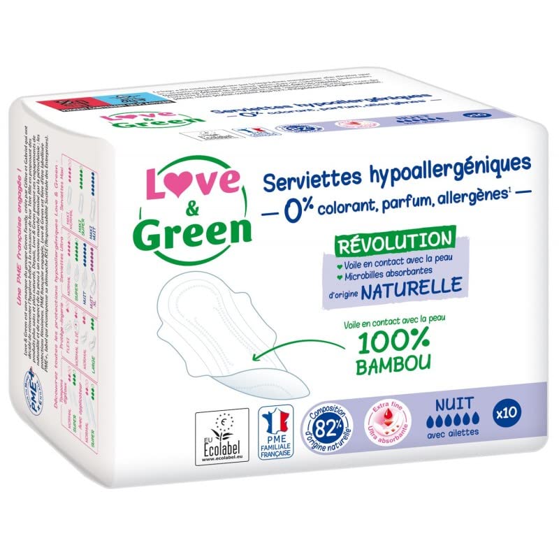 LOVE & GREEN - Serviettes Nuit Naturelle 0% X10 - le Lot De 4