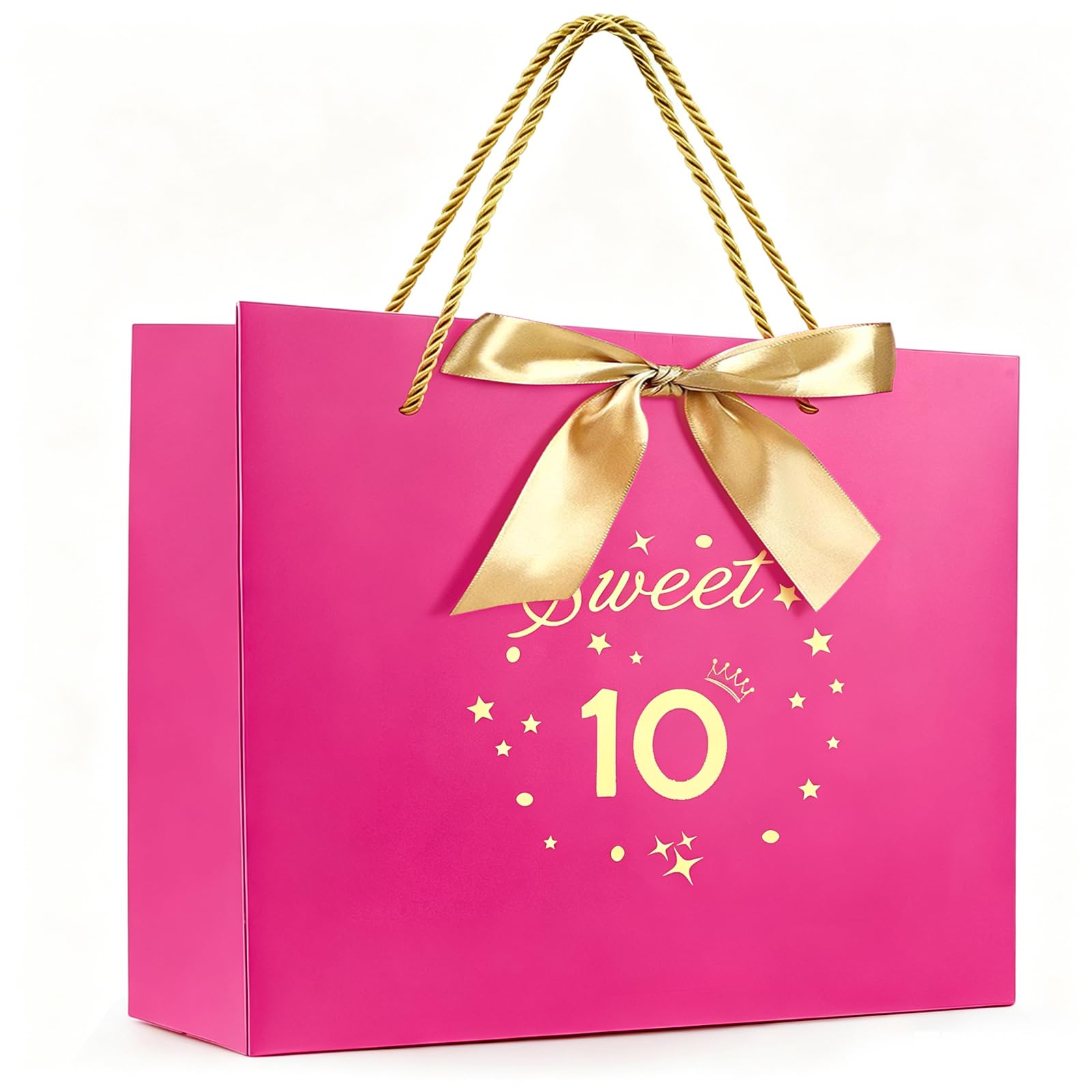 Yiran Sweet 10 Gift Bags, 10th Birthday Gift Bags with Hands, Rose Gift Wrapping Paper Bag, 10th Birthday Party Anniversary Decorations