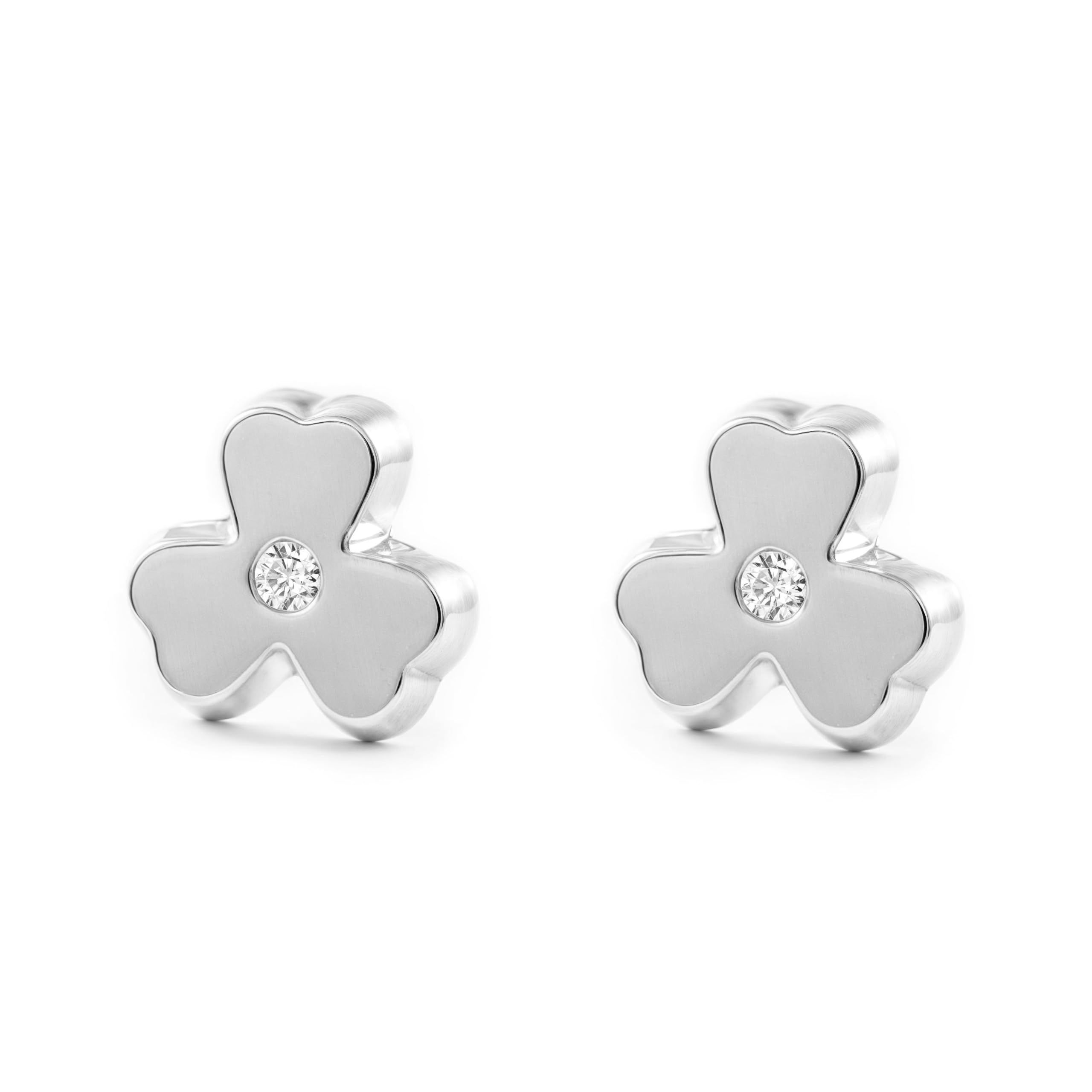 Damen & Kinder Klee Ohrstecker - Weißgold 9 Karat (375) - Geschenkbox - Garantiezertifikat
