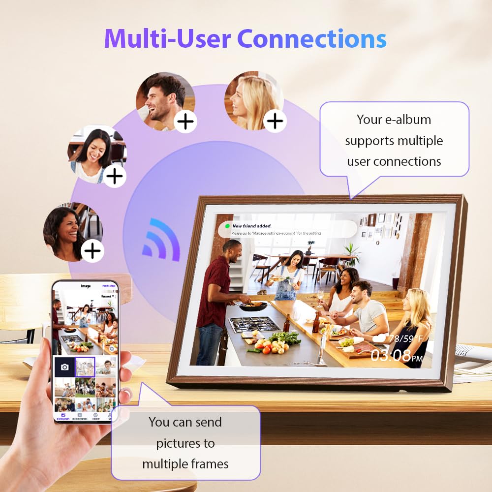 Cadre Photo Numérique 32 Go, écran Tactile WiFi 10,1 Pouces, HD 1280 x 800 IPS, Rotation Automatique, Partage De Photos à Tout Moment et en Tout Lieu Via l'application Frameo/Uhale, Bronze