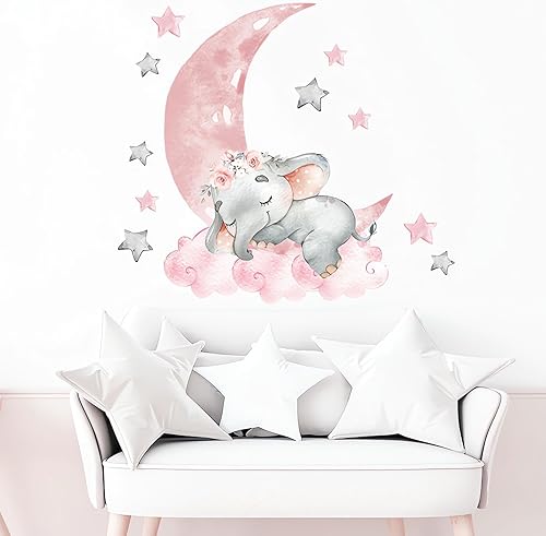 Miniatura 4 de Lindas calcomanías de pared de elefante rosa durmiendo, luna y estrellas de sacinora para bricolaje, calcomanías de pared de vinilo extraíble para