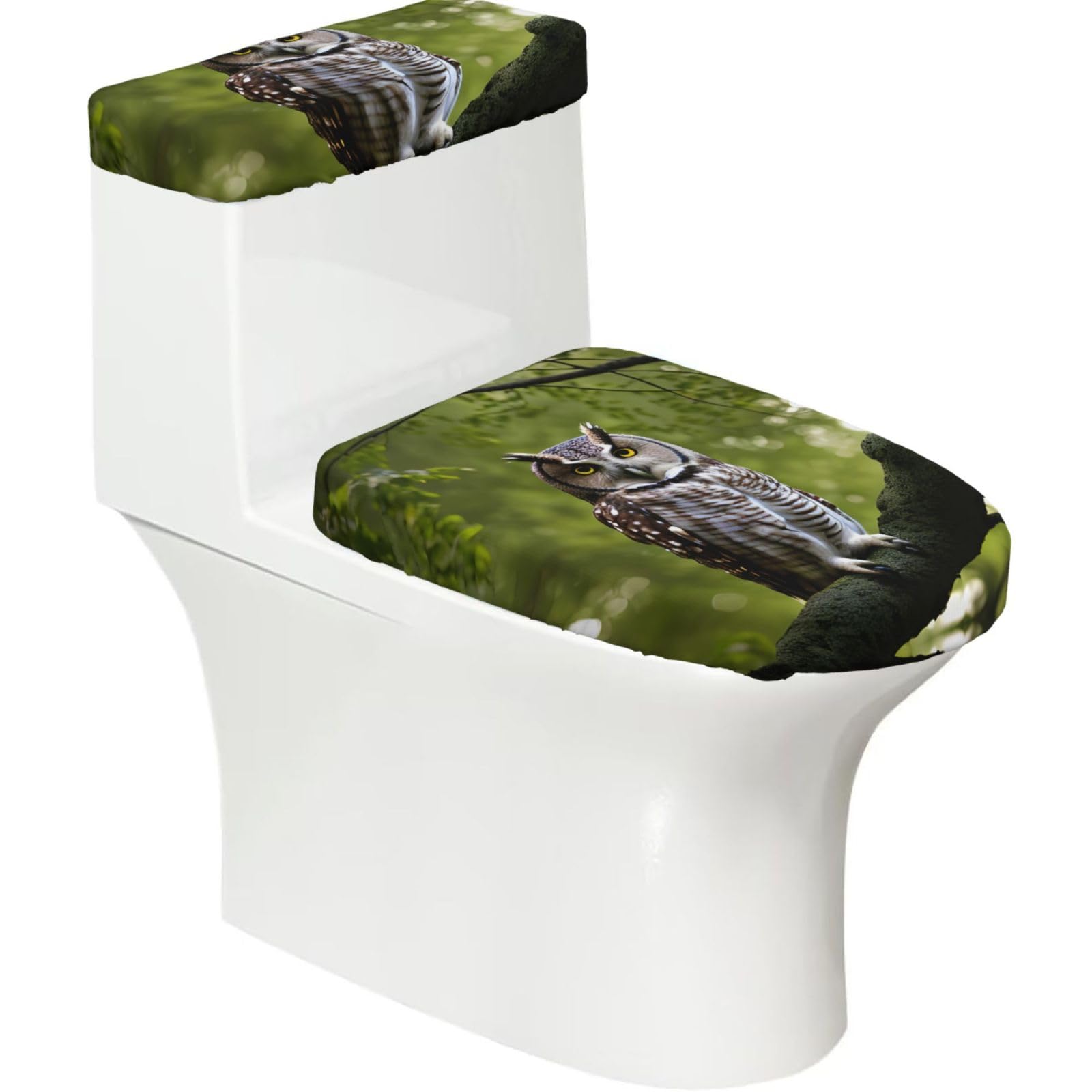 Owl Tree Branches Printed Toilet Tank and Lid Cover Set of 2 for Most Bathrooms, Fits Elongated Round Toilets