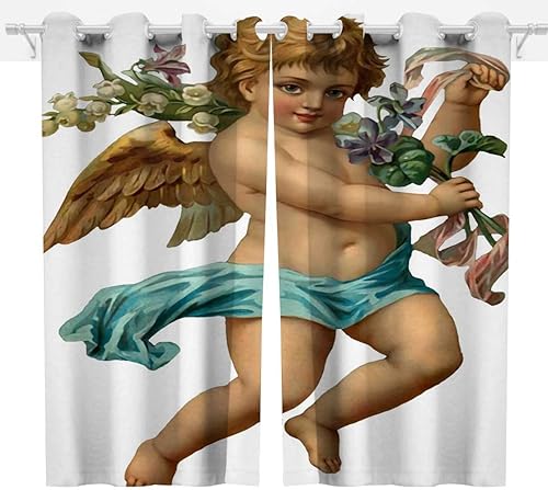 Cortinas opacas vintage de ángel para Habitacion, 2 paneles de cortinas de granja, decoración verde azulado de 55 pulgadas de ancho x 72 pulgadas de