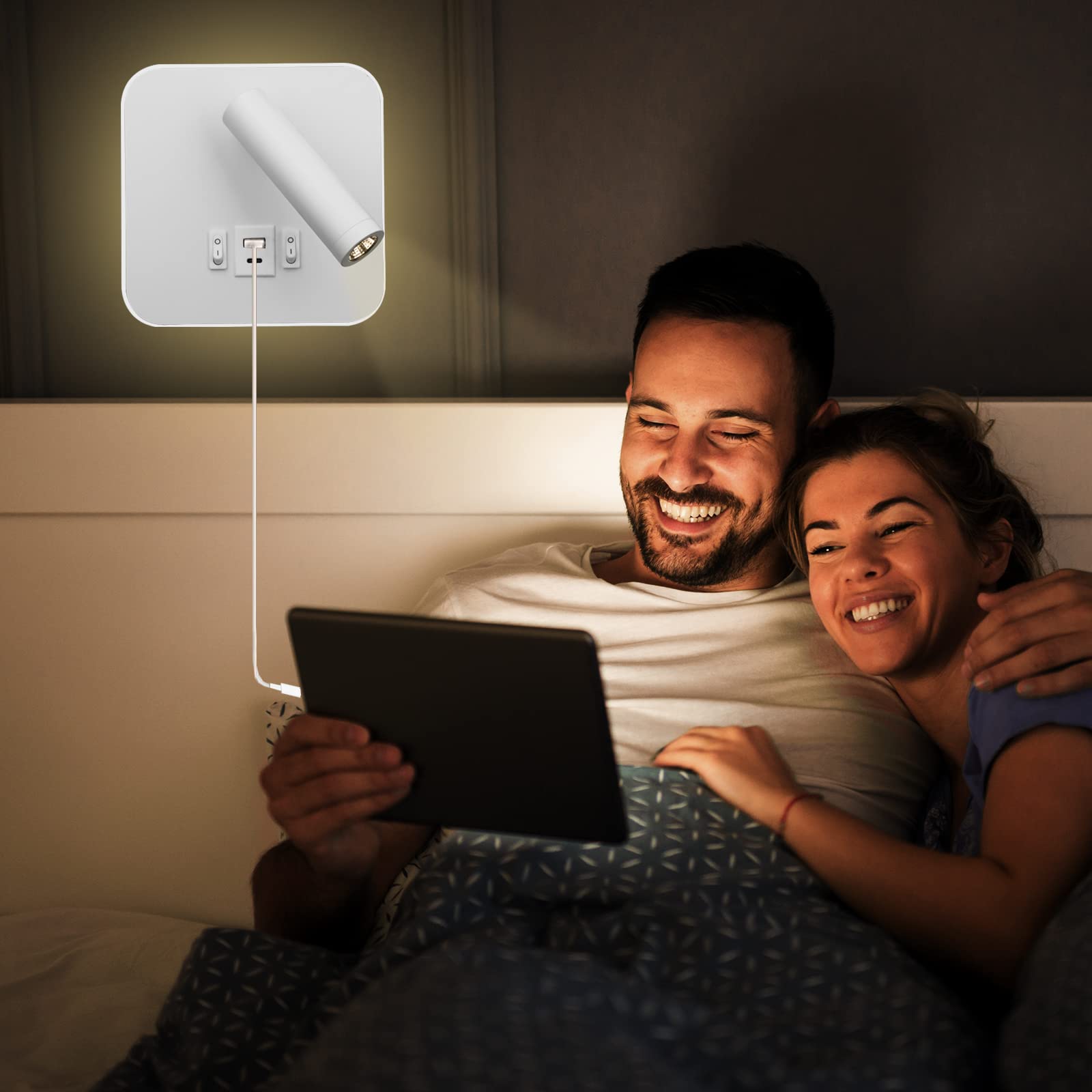 LED Reading Light USB tipo - C Double charge Electric Zut Switch se puede ajustar 12w LED Spotlight 3000k Wall Light Aluminium Bed Light se puede girar (Blanco cuadrado)