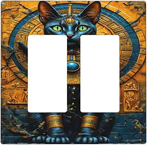 Decorative Outlet Covers Egyptian Black Cat Vintage Gold Decorated 2 Gang Wall Plate Double Rocker Two Switch Wall Cover Plate Light Switch Cover Plate Faceplate for Home Decor