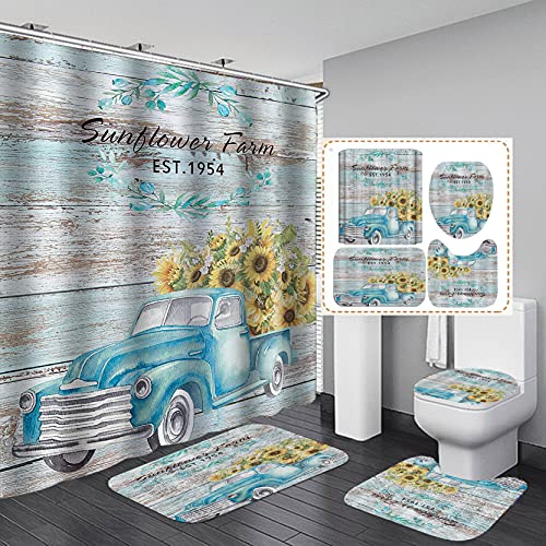 Jayden&Madge 4PCS/Set Sunflowers in Blue Rustic Truck Fabric Shower Curtain, Vintage Country Flower Watercolor Art Wooden Plank Bathroom Decor, Non-Slip Bath Rugs Soft Toilet Carpet, Sunflower Farm