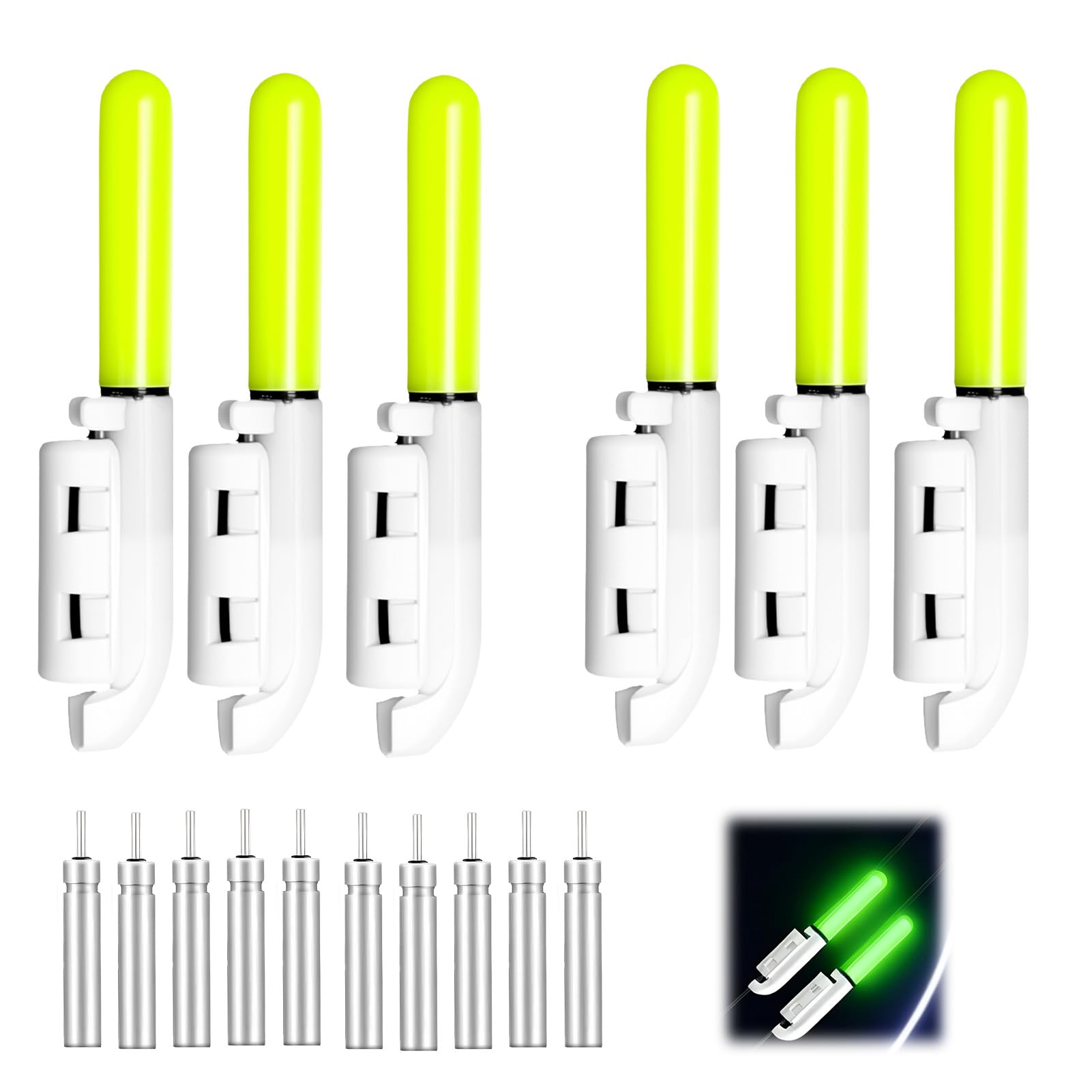6PCS Rod Tip Lights for Night Fishing, Portable LED Sea Fishing Bite Alarm Bell Glow Sticks with Buckle 6 Green Luminous Waterproof Not Easy to Fall Off, for Night Fishing Tackle Accessories