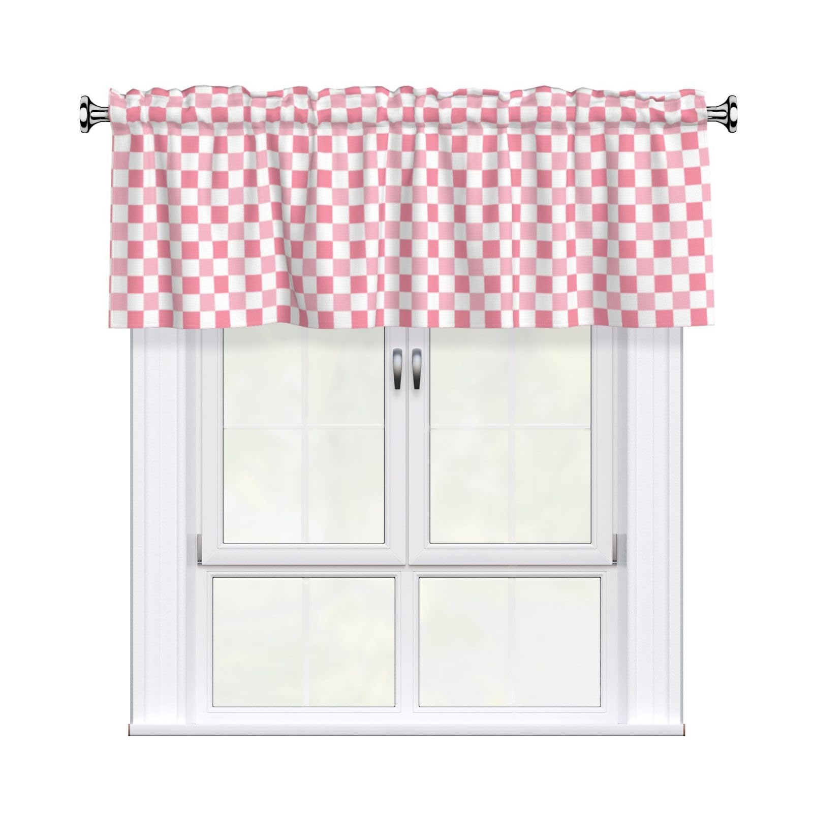 Woshuwo Cartoon Style Pink White Checkered Valances For Windows Rod Pocket Window Treatment Short Curtains For Kitchen Living Room Bedroom Decor 54x18in