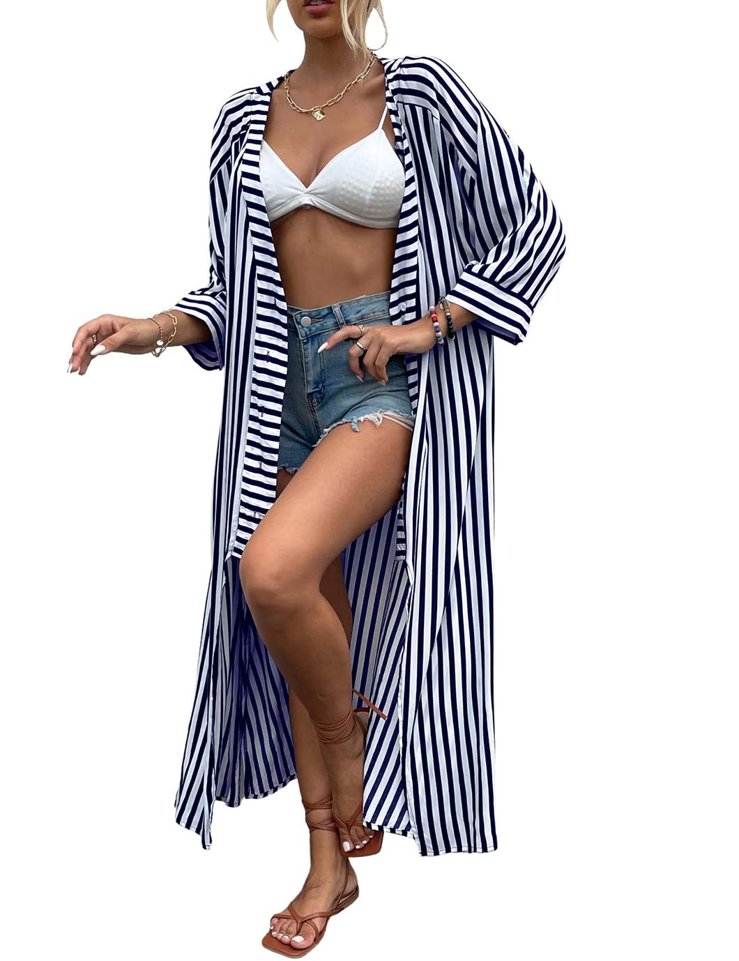 Eddoyee Print Beach Kimono Cardigans for Women Open Front Swimsuit Cover Up