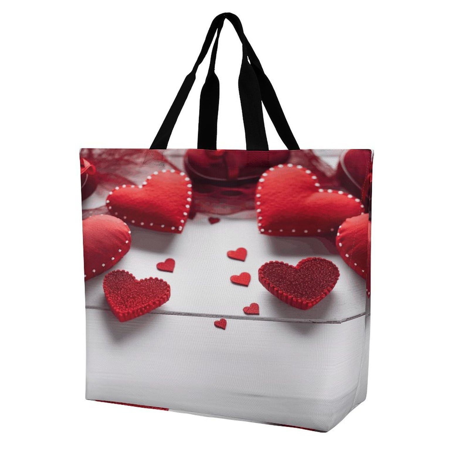 Women Handbag Handmade Red Hearts Ladies Shopping Shoulder Bag Reusable Folding Crossbody Bags, For Daily, Holiday, Gym, Work, Wedding