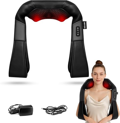 Shiatsu Masajeador de cuello y espalda con calor, masaje eléctrico de tejido profundo 4D para hombro, espalda, cuello y cuerpo completo, alivio del