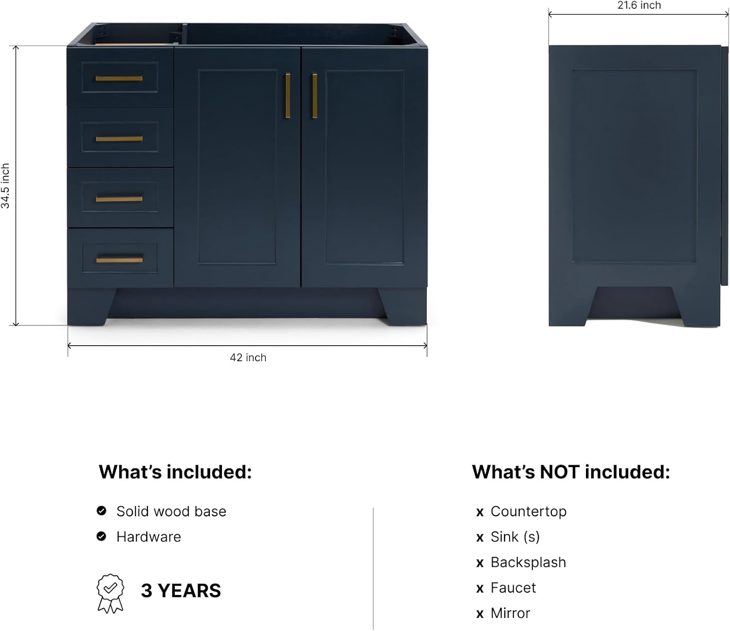 DKB Emilia 42-Inch Midnight Blue Bathroom Vanity Base Cabinet, Right Offset Sink, 2 Soft Closing Doors, 5 Full Extension Dovetail Drawers, Toe Kick, Satin Brass Hardware