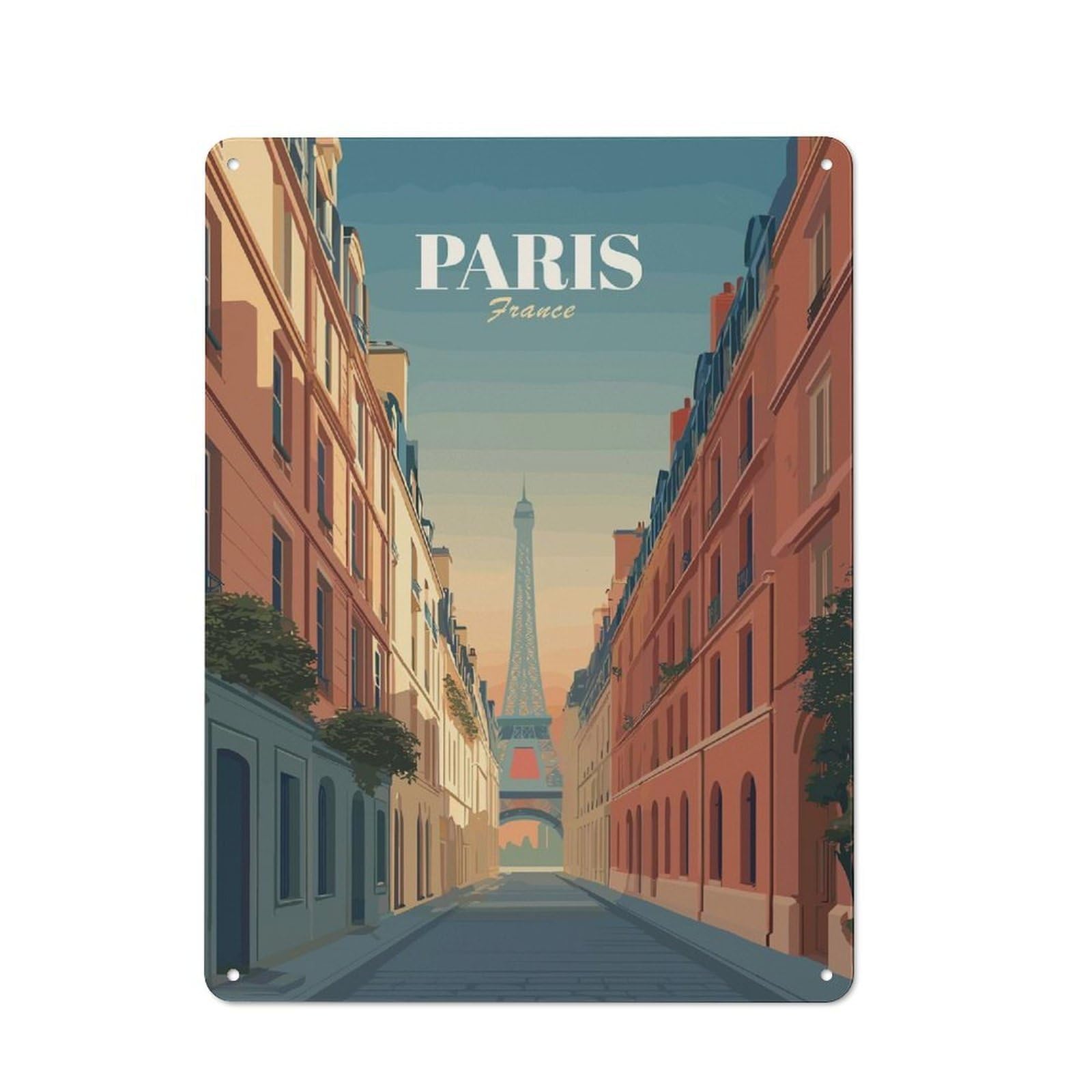 Junmoney Style-5 Weathered Look Paris Street Scene With Eiffel Tower Metal Wall Sign 40X30cm, Shed Wall Plaque For Tool Room, Garage, Studio Or Home Bar