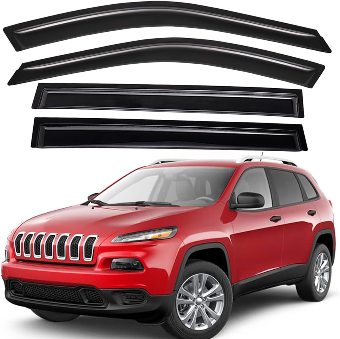Lightronic Extra Durable Outside-Mount Auto Vent Window Visor, Fits 2014-2023 Jeep Cherokee, UV Protection Rain Guard, Original Wind Deflector, No-Drill Easy Install, Dark Smoke, 4-Pcs Outside Mount