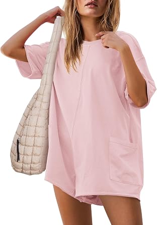 Yanekop Womens Summer Romper Casual Oversized Short Rompers Short Sleeve Workout Reversible Athletic Romper with Pockets