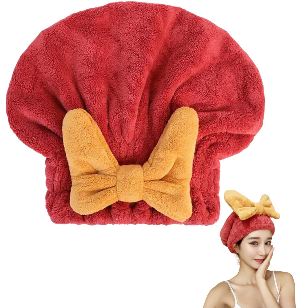 Fezora Super Absorbent Hair Towel Wrap for Wet Hair, Fast Drying Microfiber Hair Drying Towel Cap with Bow-Knot, Microfiber Hair Towel Wrap for Women (Red)