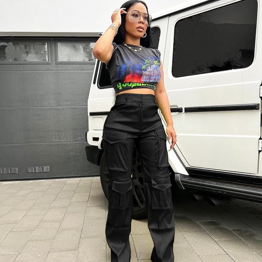 Black Cargo Pants Woman Baggy Straight High Waisted Casual