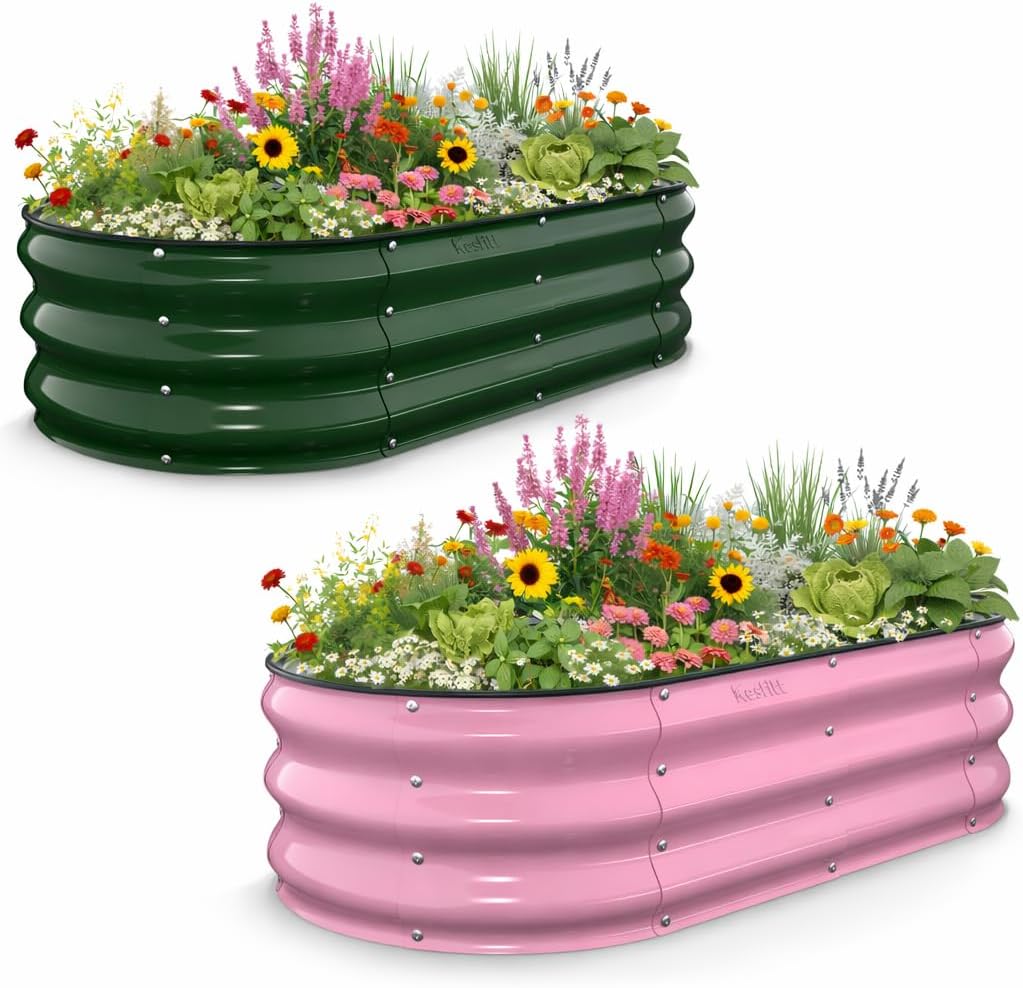 Kesfitt Raised Garden Bed, 4x2x1 FT Galvanized Steel Metal Raised Garden Bed, Oval Open-Bottom Design, 12-Inch Deep for Outdoor Vegetable & Herb Gardening,Forest Green + Blushing Pink