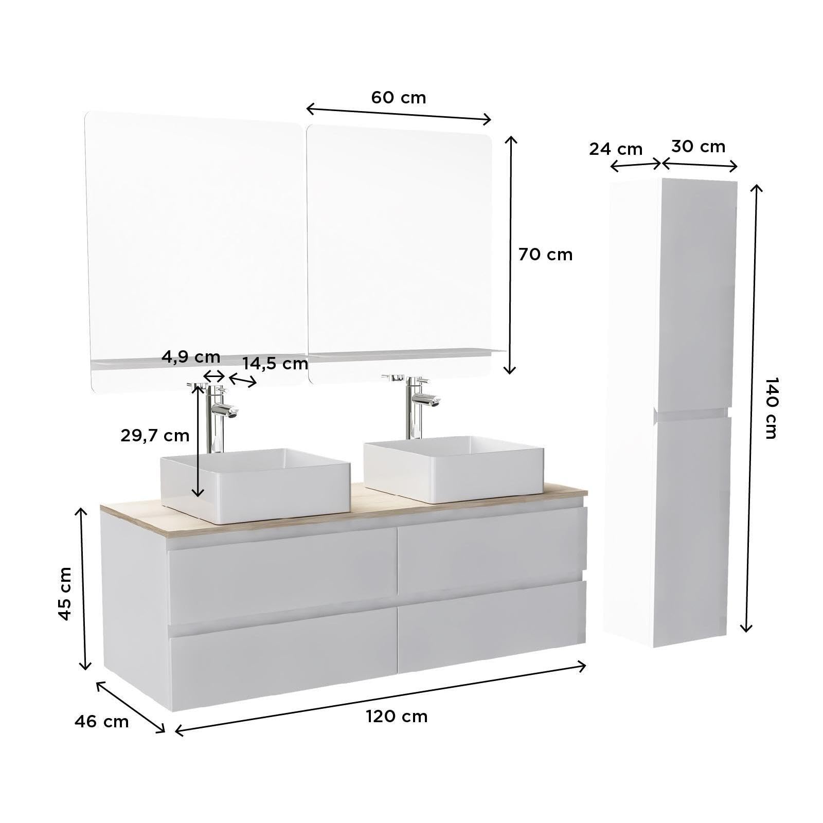 MOB-IN Set mobile doppio lavabo bianco 120 cm + 2 lavabi + 2 specchi + 2 rubinetti + colonna Sorrento