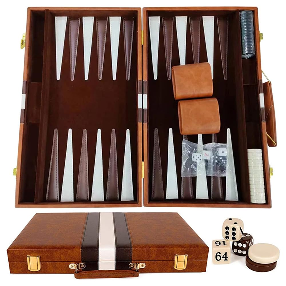 Juego de Backgammon, 11" Set Backgammon con Estuche de Cuero Cubilete, Funda de Juego de Mesa de Estrategia Clásica para Adultos y Niños