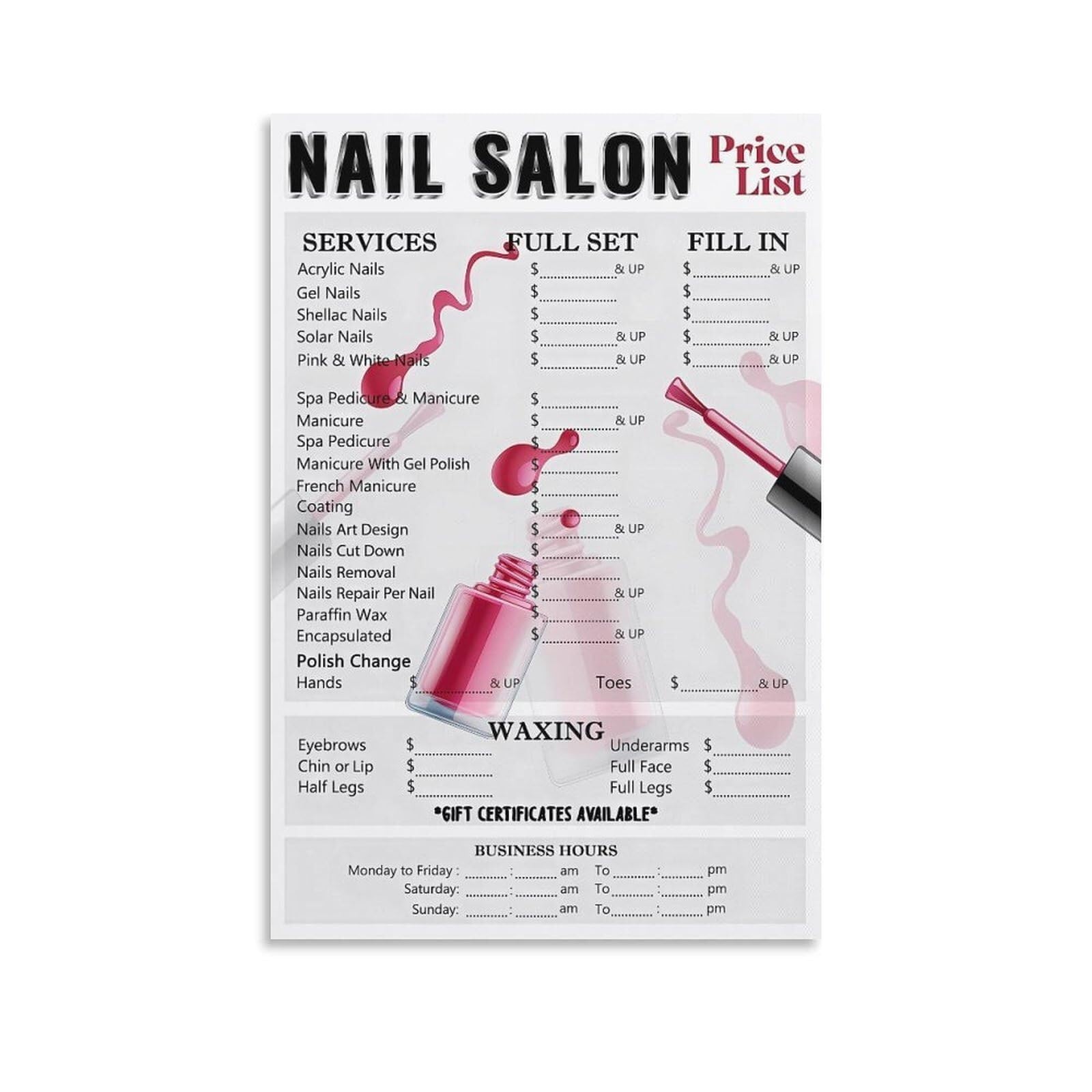 REIUAFWYGV Beauty Salon Canvas Art Nail Service Menu List Poster for Reception Wall Decor