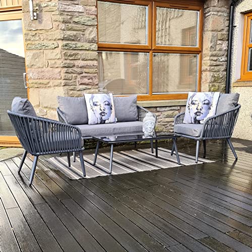 Image of DEVOKO 4 Seater Sofa Outdoor Conversation Patio Garden Rope Furniture Set with Cushion and Center Table for Garden, Balcony, Poolside (Grey)