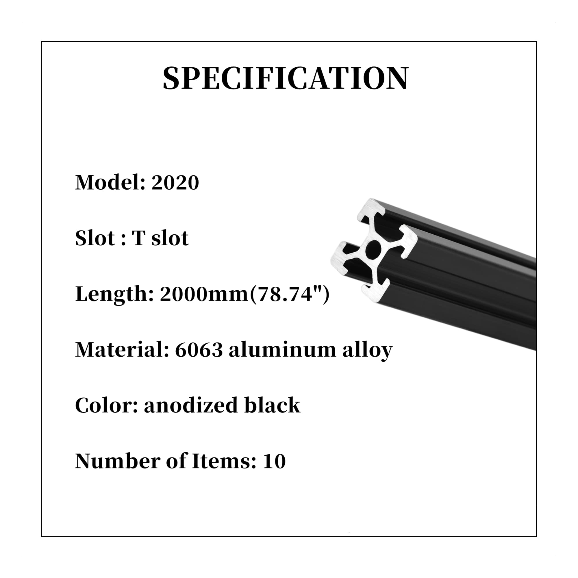 BELLA BAYS 10pcs 78.74 inch 2000mm 2020 T Slot Aluminum Extrusion Profile European Standard Anodized Black Extruded Linear Rail Guide Frame for 3D Printer Laser Engraving Machine CNC Workbench DIY