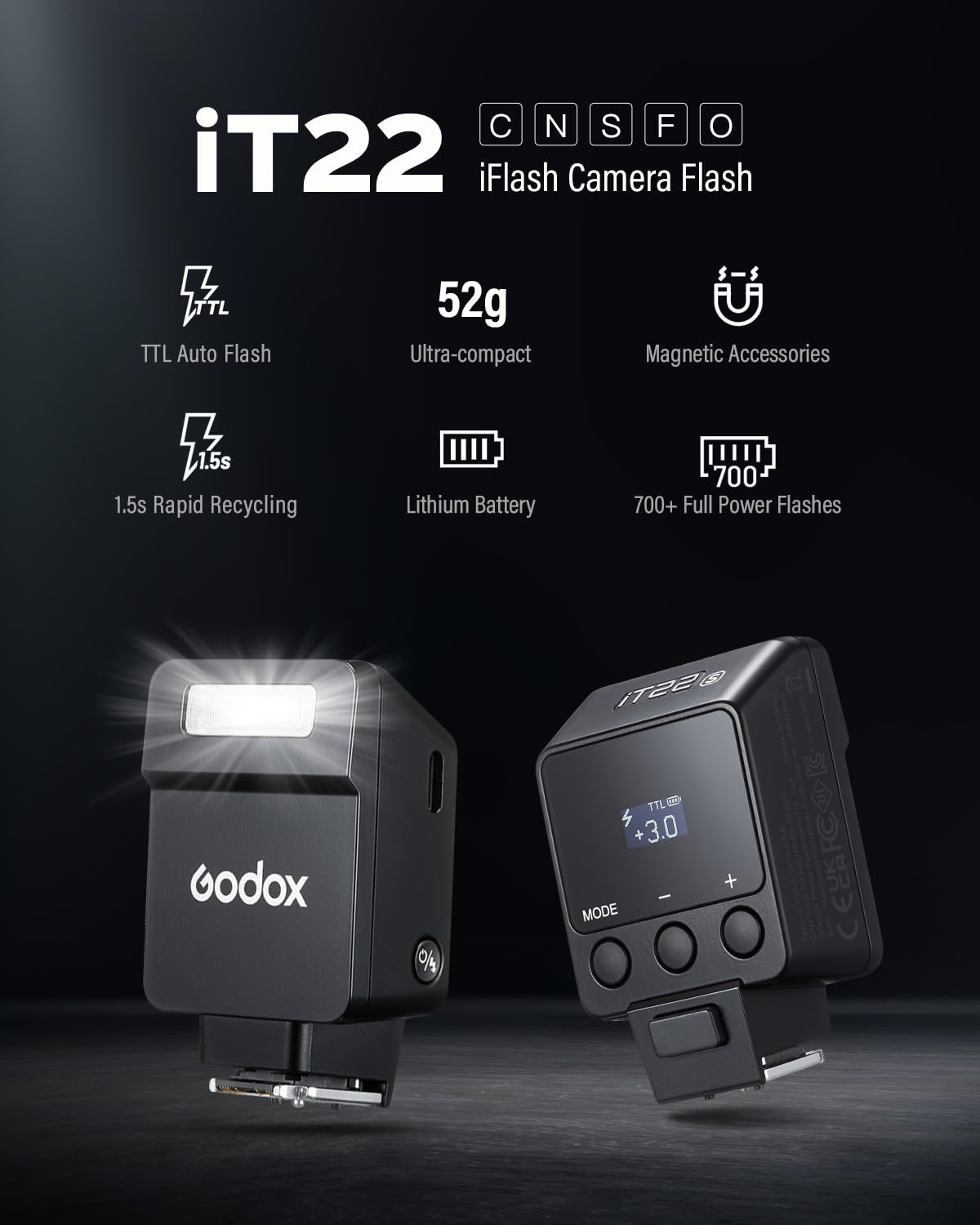 Godox iT22 S Mini-Blitz für Sony-Kamera, eingebauter 7,4 V 300 mAh Akku, manuell/TTL-Modi, 700+ Blitze, 1,5 Sekunden, Recycling-Blitzschuh mit Diffusor, Farbfilter, Zubehör für Sony zev10 ect