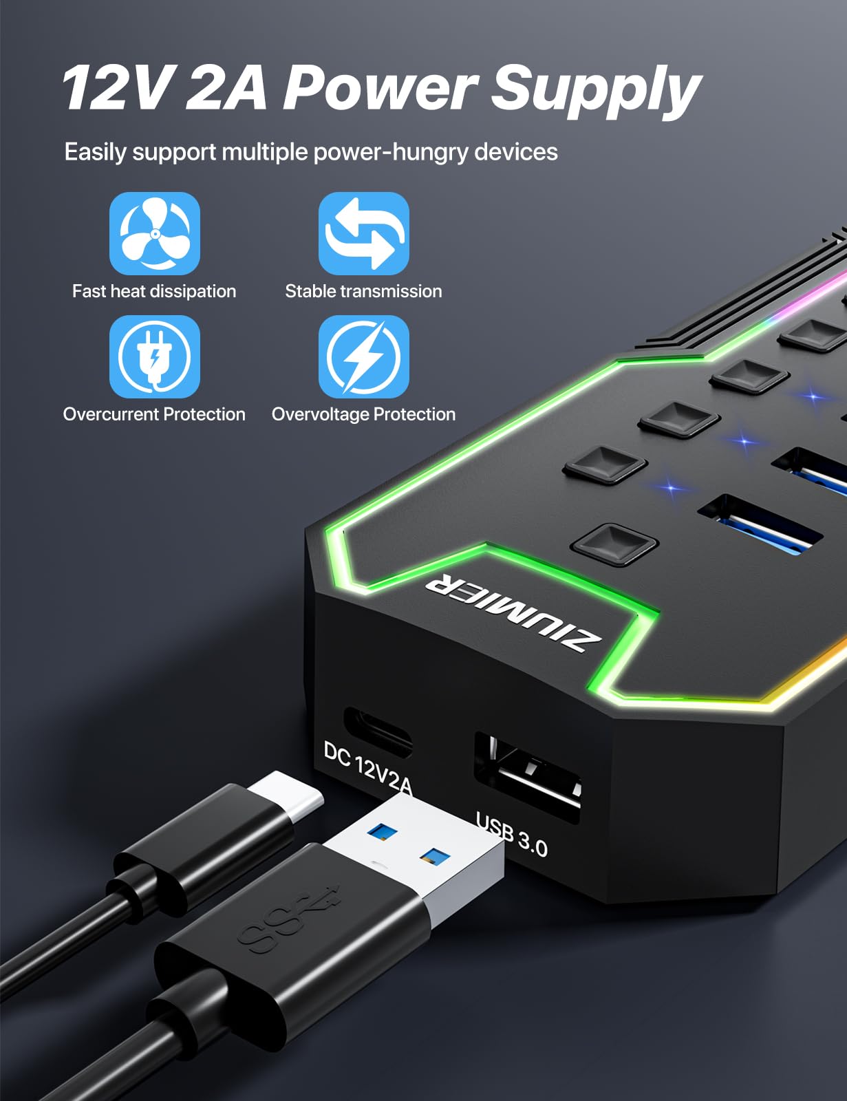 ZIUMIER Hub USB alimenté, 10 ports USB 3.0 avec bande LED RVB et adaptateur d'alimentation 12 V/2 A pour MacBook, Mac Pro, Mac mini, iMac, Surface Pro, XPS, PC, clé USB, disque dur mobile