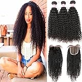 Miss GAGA Kinkys Curly Human Hair Bundles with Closure Middle Part 8A Brazilian Virgin Hair Weave Human Hair Bundles 4x4 Lace Closure 100% Human Hair Natural Black Color(16 18 20+14)