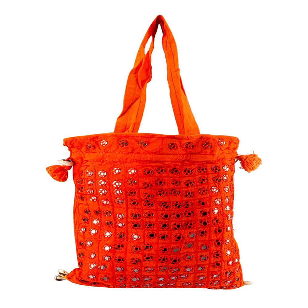 Little India Vibrant Orange Mirror Work Sling Bag 10"x12"x2" - Image 4 thumbnail