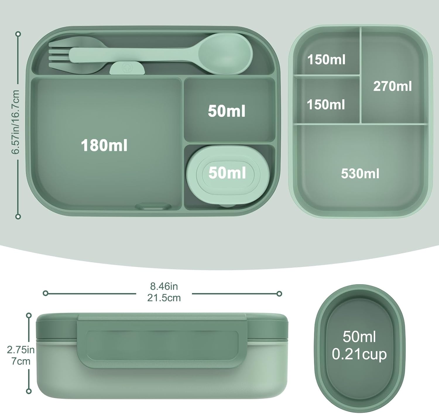 Caperci Stackable Bento Lunch Box for Adult & Teens - Reinforced Leak-Proof Lunch Container 4-Compartment with Utensils & Sauce Container, BPA-Free, Dishwasher/Microwave Safe, 47oz (Khaki Green) - Image 6