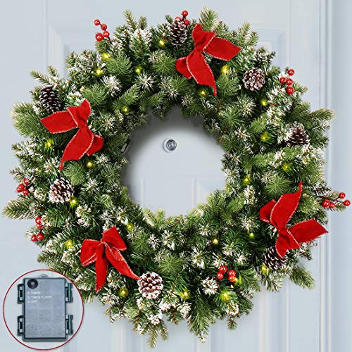 ANOTHERME 24 Inch Pre-lit Christmas Wreath, Red and Gold Ball Berries Pine Core