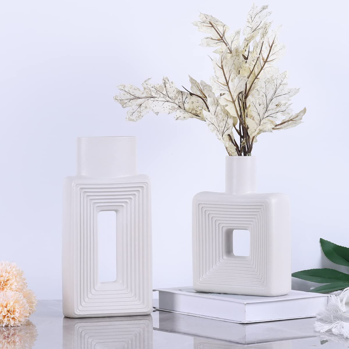 ホワイト陶器 花瓶セット 大小2個 Amazon.co.jp: 陶器製の花瓶2個セット、正方形の花瓶セット