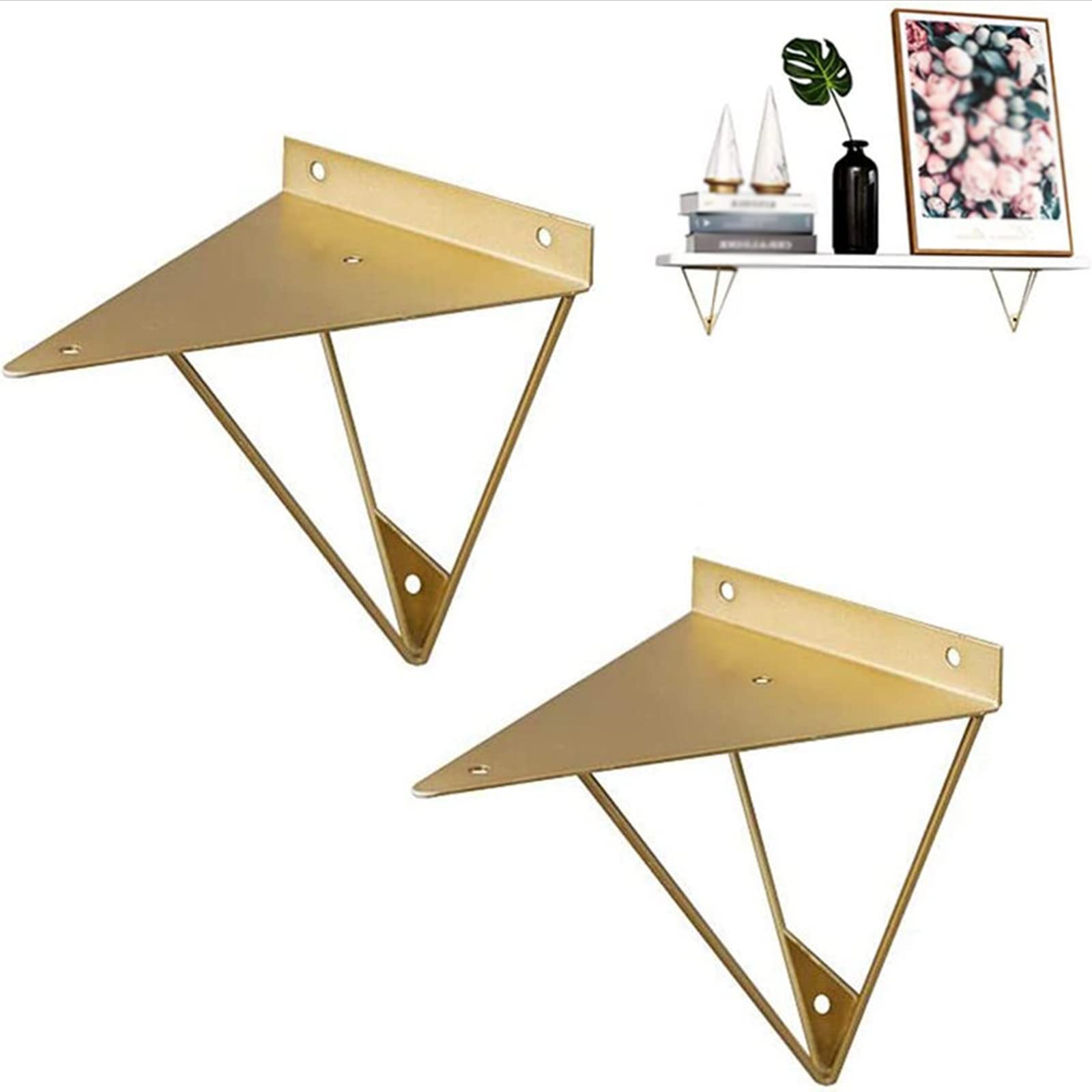 2x Staffa per Mensola a Parete,Reggimensola Galleggianti in Ferro,Staffe per mensole Forma di Triangolare Geometrico,Supporti per Mensole Nascosti,Scaffale per Libri,con Viti (28cm/11in,Gold)