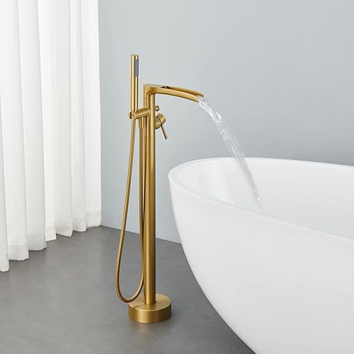 Miniatura 3 de Grifo de bañera independiente en cascada de latón con mango único de latón cepillado con ducha de mano