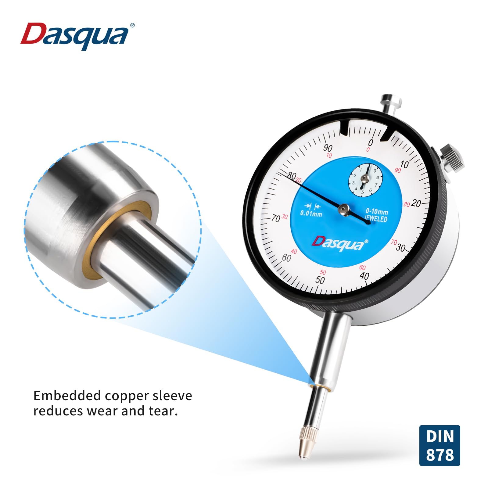 Dasqua Comparatore Centesimale 0-10mm - Indicatore Centesimale Calibro 0.01mm, Precisione Elevata, Comparatore Metrica Professionale con Coperchio Posteriore
