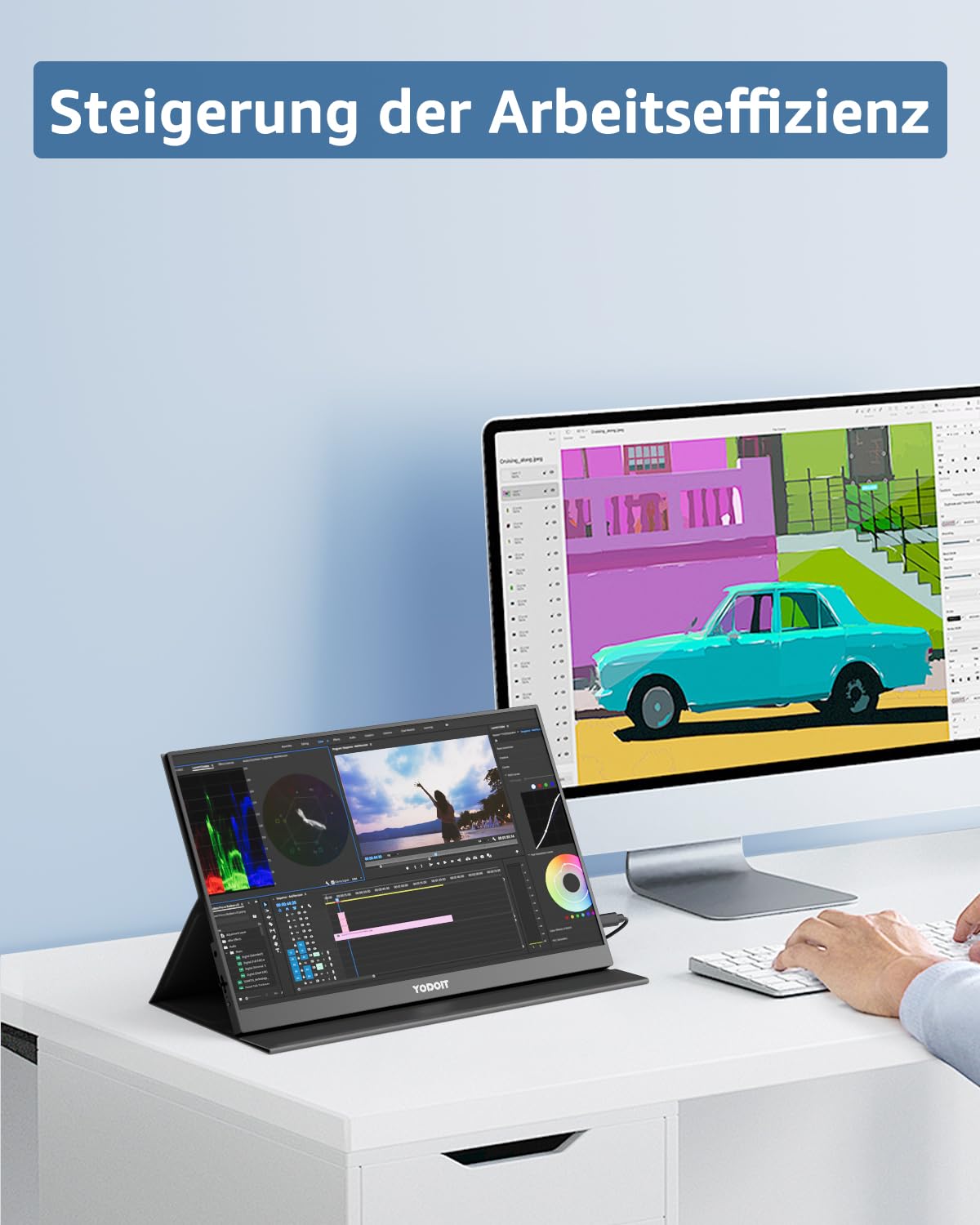 Yodoit Portable Monitor 16" 1920x1200 FHD Monitor Bildschirm IPS 16:10 Display mit USB Typ C und eingebauten Lautsprechern mit Smart Cover Kompatibel mit PC, Laptop, MacBook, Xbox