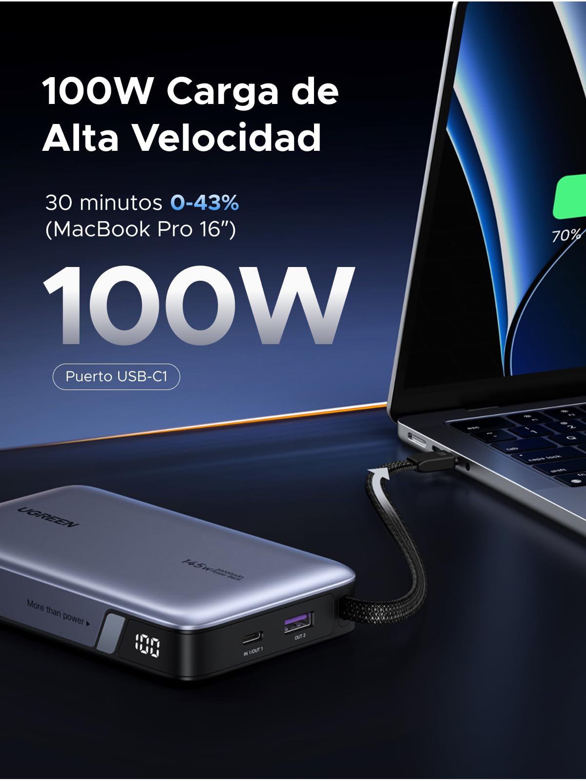 UGREEN Nexode 145W Power Bank 20000mAh Batería Externa Carga Rápida PD3.0 100W Cable USB C Integrado Cargador Portátil PC LED Compatible con iPhone 17 16 15 Plus Pro MAX Galaxy S25 S24 MacBook iPad
