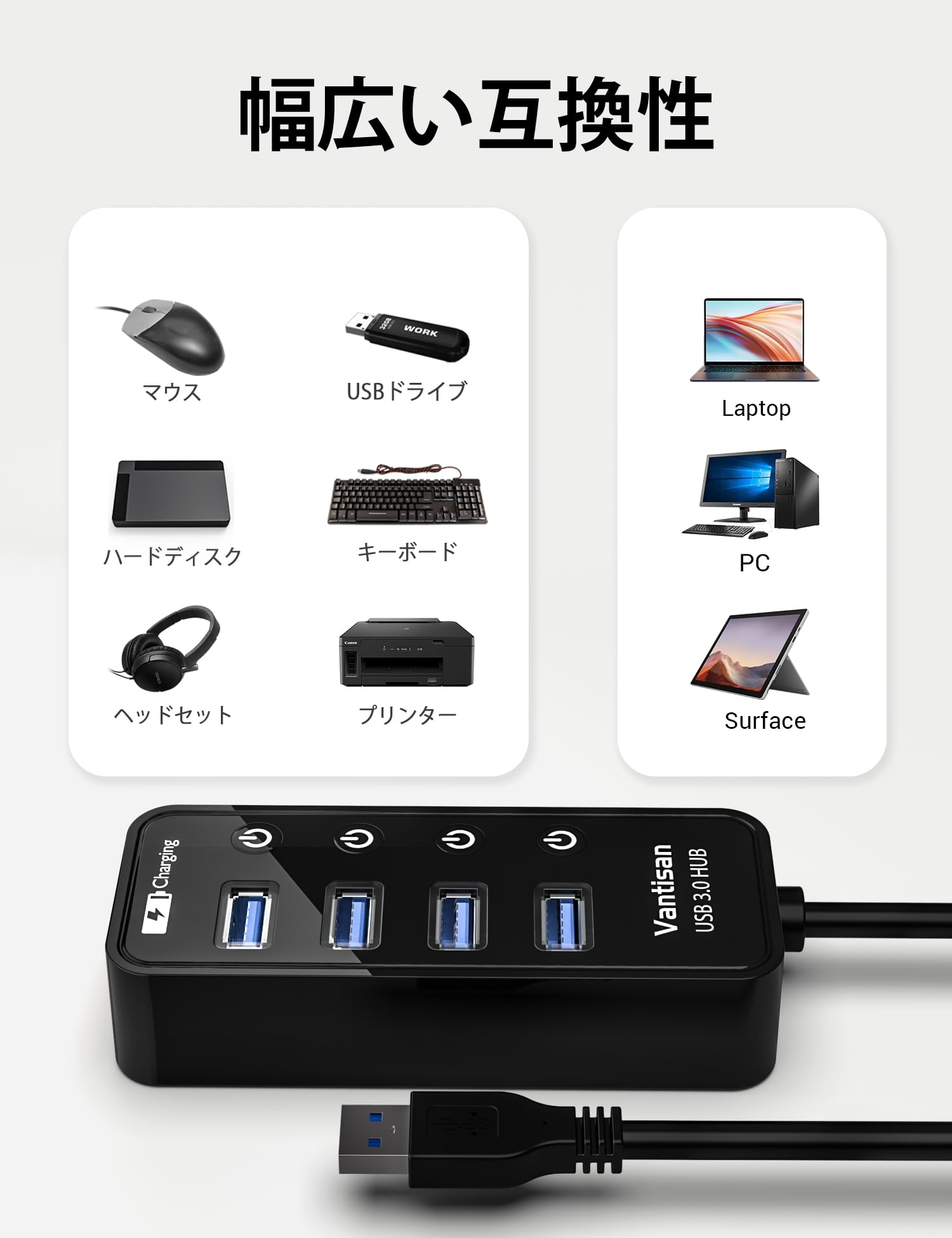 Amazon | vantisan USBハブ 電源付き USB3.0ハブ 高速USB HUB 4ポート