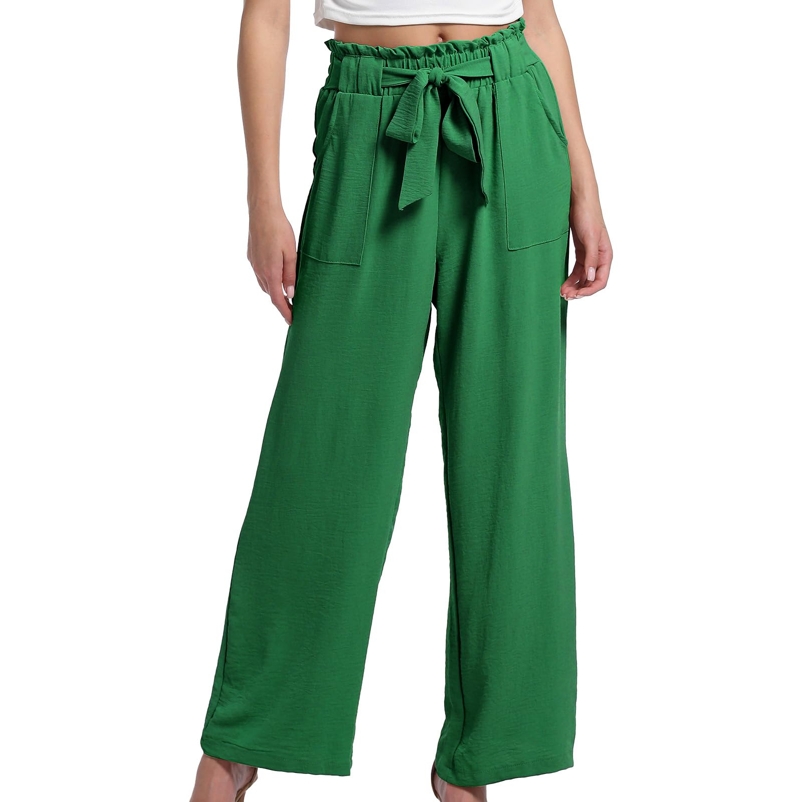 Womens Wide Leg Pants with Pockets High Waist Adjustable Knot Loose Casual Trousers Business Work Casual Pants Solid