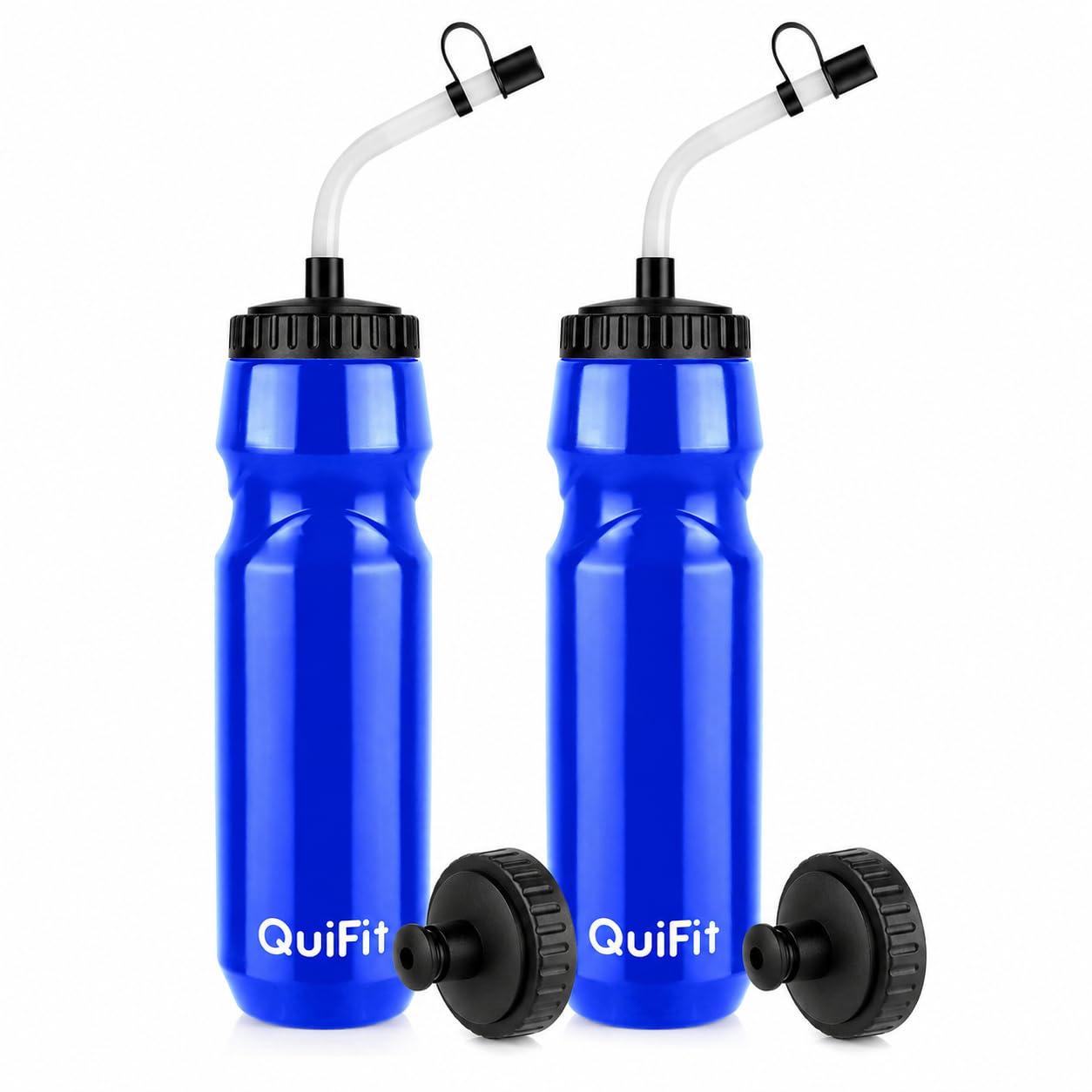 QuiFit Lacrosse Water Bottle with Long Straw -32oz Hockey Water Bottle 2 Pack with 2 Lids Each- BPA Free Squeeze Sports Water Bottles, Leakproof Dishwasher Safe- for Helmet,Lacrosse (Blue)